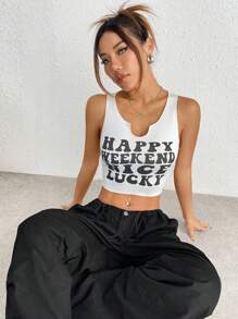 SHEIN Unity 女士夏季無袖背心，印有字母圖案 - 白色 - 查看 6