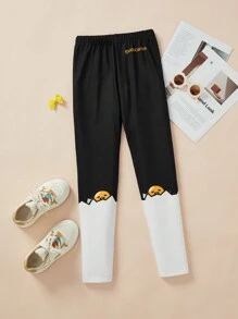 Gudetama X SHEIN 少女漫畫印花雙色緊身舒適打底褲 - 黑與白 - 查看 1