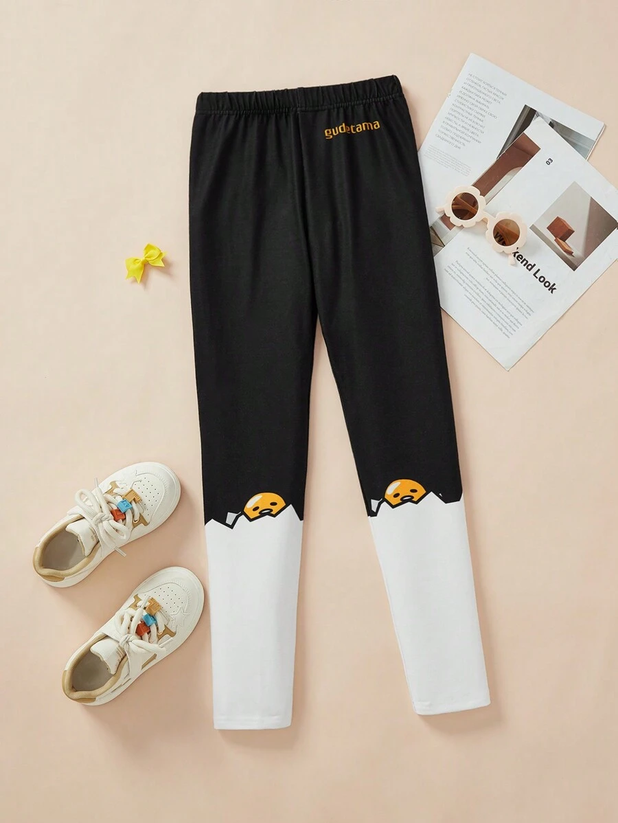 Gudetama X SHEIN 少女漫畫印花雙色緊身舒適打底褲 - 黑與白 - 查看 1