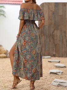 Breezaya Off-Shoulder Ruffled Sleeve High Waist Summer Dress Maxi Vacation Beach Outfits Women - Multicolor - View 2