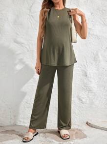 SHEIN Maternity Elegant Commuter Round Neck Sleeveless Side Slit Vest With Adjustable Elastic Waist Straight-Leg Jumpsuit Two-Piece Set