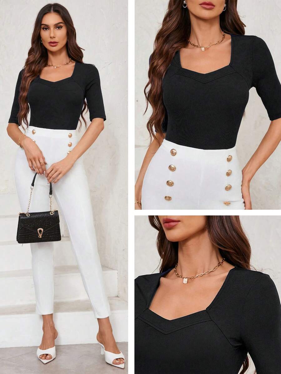 SHEIN Clasi Slim Fit Women's T-Shirt With Henley Neckline - Black - View 1