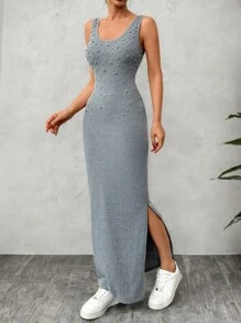 EURMUSE Stone Diamond Embellishment Women's Long Rib Dress - Dark Grey - View 6