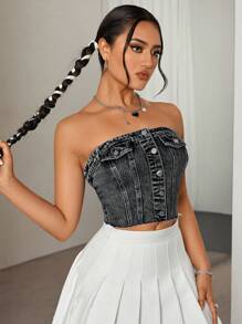 SHEIN ICON Fashionable Denim Vest With Open Front And Single Row Button - Grey - View 6