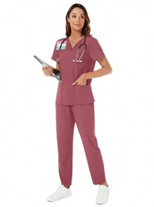 V-Neck Pocket Short Sleeve Top And Pocket Pants Scrub Uniform Set