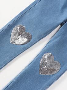Young Girl Fashionable Sweetheart Contrast Sequin Heart Pattern Jeans