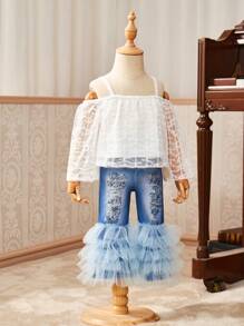 SHEIN Baby Girl Fashionable Textured Bowknot Tank Top And Multi-Layer Mesh Flare Pants Set, Suitable For Outings In Spring And Summer