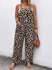EMERY ROSE Plus Size Leopard Print Fashion Jumpsuit With Pockets For Casual Wear - Coffee Brown - View 7