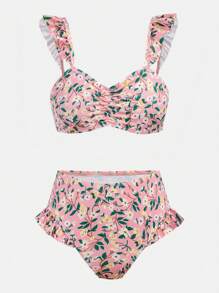 SHEIN Teen Girl Pink Ditsy Floral Mini Flutter Sleeve Bikini With Ruffle Trim And Sarong Cover-Up Set, Ideal For Beach Vacation And Swimming