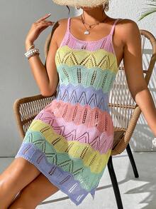 Women's Summer Bohemian Beach Vacation Dress, Colorblock Hollow-Out Knit Camisole Dress - Multicolor - View 8