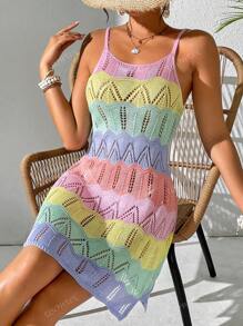 Ținute de vară Boho Vacanță pe plajă pentru femei, culori contrastante, patchwork, rochie slip din tricot