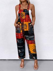 SHEIN LUNE Cộng với kích thước kỳ nghỉ Chắp vá thông thường In Drop Crotch Jumpsuit - Nhiều màu - Xem 5