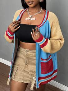 Slaydiva Chaqueta de béisbol suelta y casual de talla grande, diseño de color block con bolsillos y número 98, chaqueta de punto de mujer para otoño/invierno