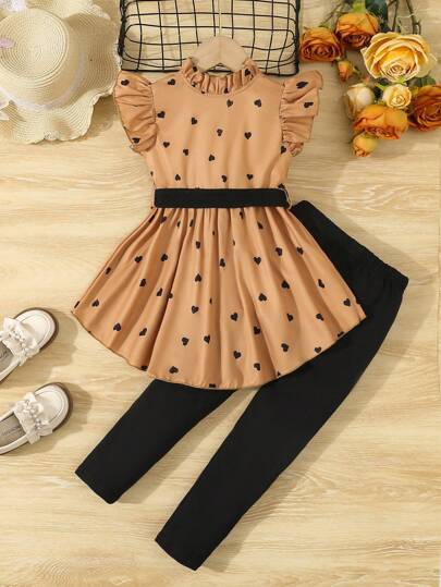 Young Girl Summer Popular Heart Printed Bowknot Asymmetrical Hem Top & Long Pants 2pcs Outfit For Outdoor Leisurewear