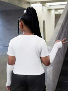 SHEIN Tween Girls Extended Size Street Fashion Knitted Round Neck Short Sleeve T-Shirt With Fingerless Gloves, Spring/Summer - Black and White - View 3