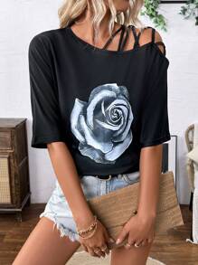 Breezaya Asymmetrisches Rundhals-Kurzarm-T-Shirt für Damen mit lockerer Passform und Rosen-Muster, Sommer