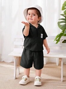 SHEIN Set de pulover cu glugă cu jumătate de fermoar și pantaloni scurți de culoare uni cu rever decorativ - Negru - Vizualizare 5