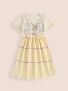 SHEIN Tween Girl 2pcs Knitted Top Casual Blue Spaghetti Strap Dress Set