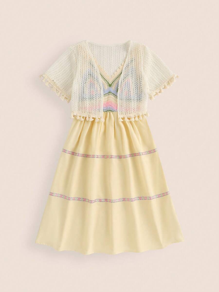 SHEIN Tween Girl 2pcs Knitted Top Casual Blue Spaghetti Strap Dress Set