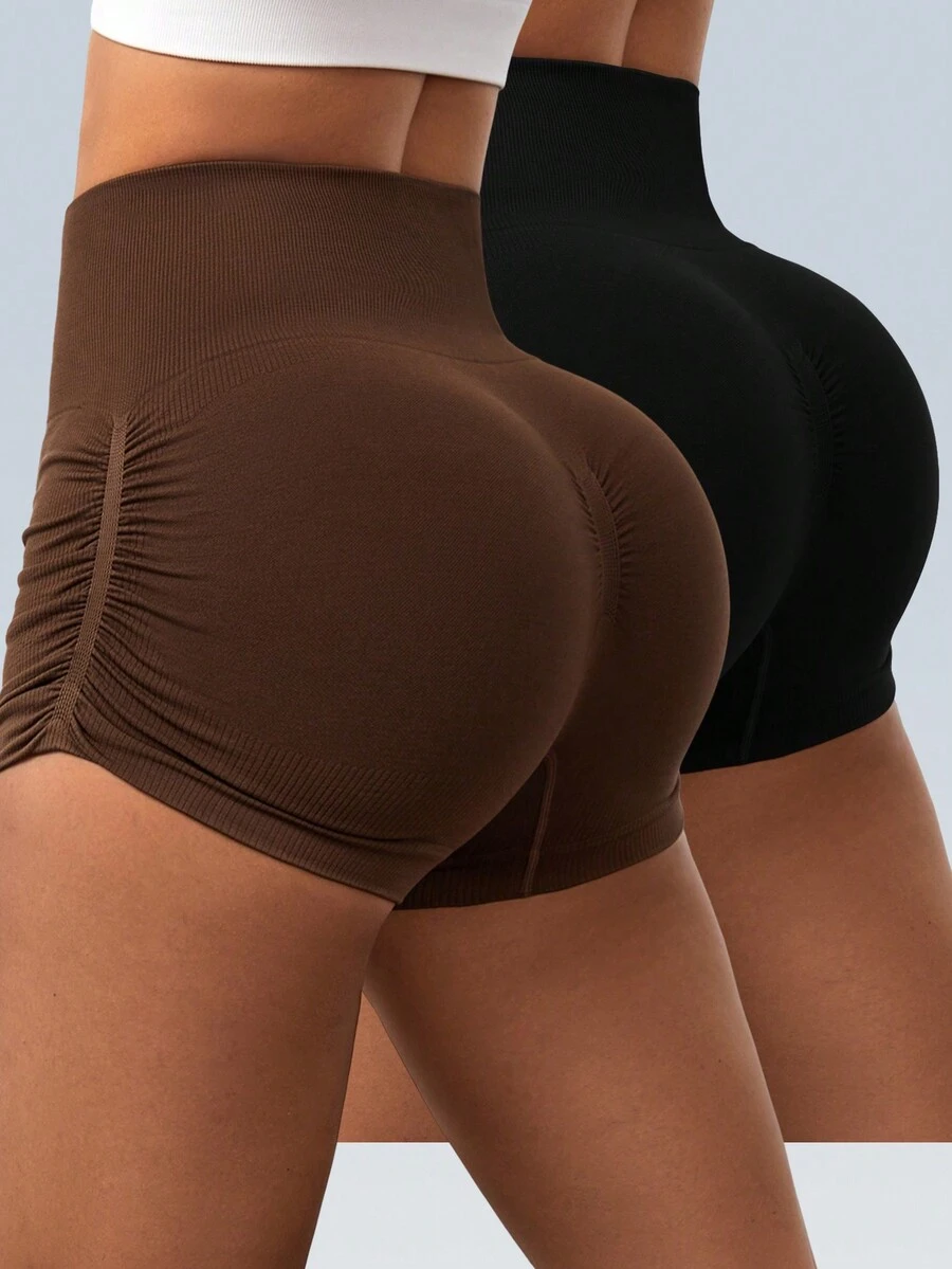 女士弧形紋理瑜伽側邊褶皺提臀高腰瑜伽運動短褲
