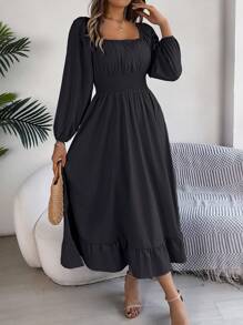 Real Shot Elegant V-Neck Cinched Waist Ruffle Hem Dress For Spring/Summer - Black - View 2
