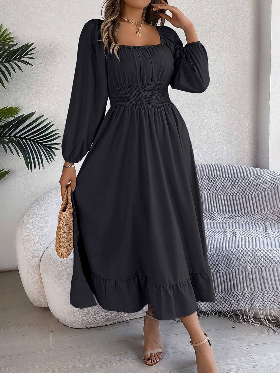 Real Shot Elegant V-Neck Cinched Waist Ruffle Hem Dress For Spring/Summer - Black - View 1