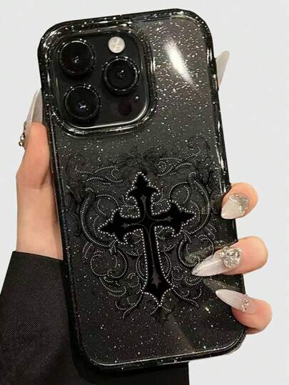 1pc Gothic Style Cross Pattern Transparent Glitter Phone Case, Halloween