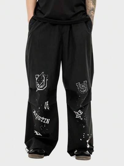 Street Life Pantalones de pierna ancha casuales para hombre con bolsillos inclinados y letras impresas