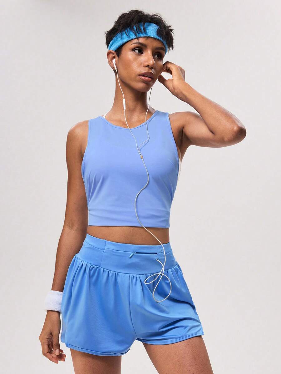 SHEIN Sports 女士純色休閒日常運動短褲 - 藍色 - 查看 1
