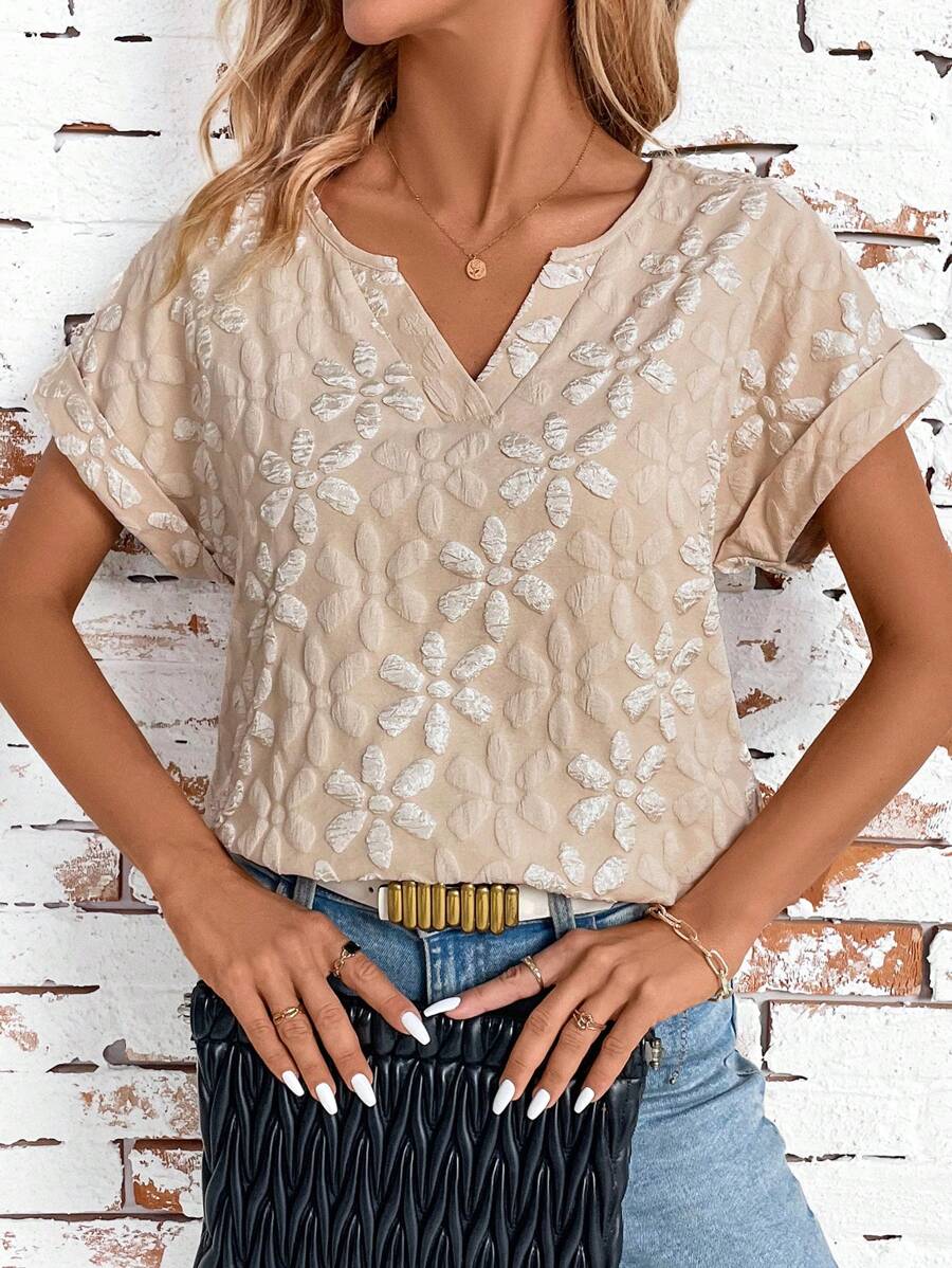 SHEIN Clasi Áo sơ mi ngắn tay bằng vải Jacquard nữ có cổ chữ V, mùa hè - Màu be - Xem 1