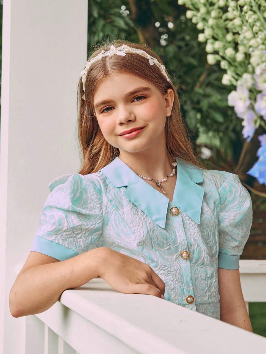 SHEIN Tween Girl Elegant Color Block Patchwork Jacquard Puff Sleeve Dress For Summer