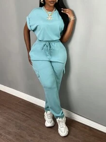 Slaydiva 加大尺碼女士夏季透藍色短袖上衣和褲子套裝-藍色 - 淺藍色 - 查看 7