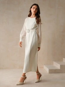 Anewsta Vintage Party Patchwork White Women's Woven Dress With Cinched Waist