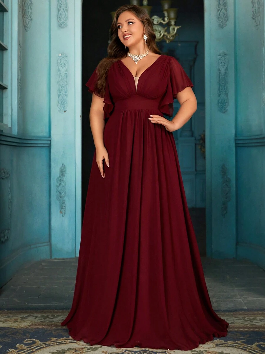 QOQ Vestido de noite feminino elegante e simples, plus size, vestido formal sofisticado para festas noturnas, galas, jantares da alta sociedade, coquetéis, bailes de formatura, cerimônias de premiação, vestidos de cor sólida - Borgonha - Ver 1