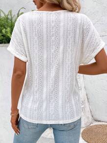 INAWLY Women's Short Sleeve Asymmetric Neckline Hollow Out Embroidered Solid Color T-Shirt