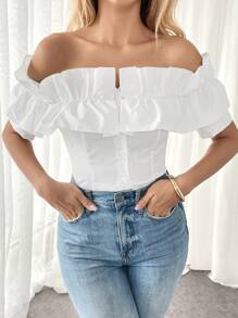 Breezaya Áo cánh hở vai màu trơn mùa hè cho nữ, cài nút đơn, áo tay ngắn - trắng - Xem 7