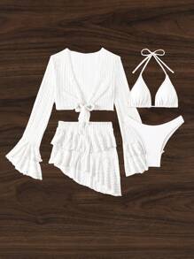 SHEIN Swim 女士夏季海滩纯色挂脖比基尼套装，带长袖罩衫和罩裙，4 件套