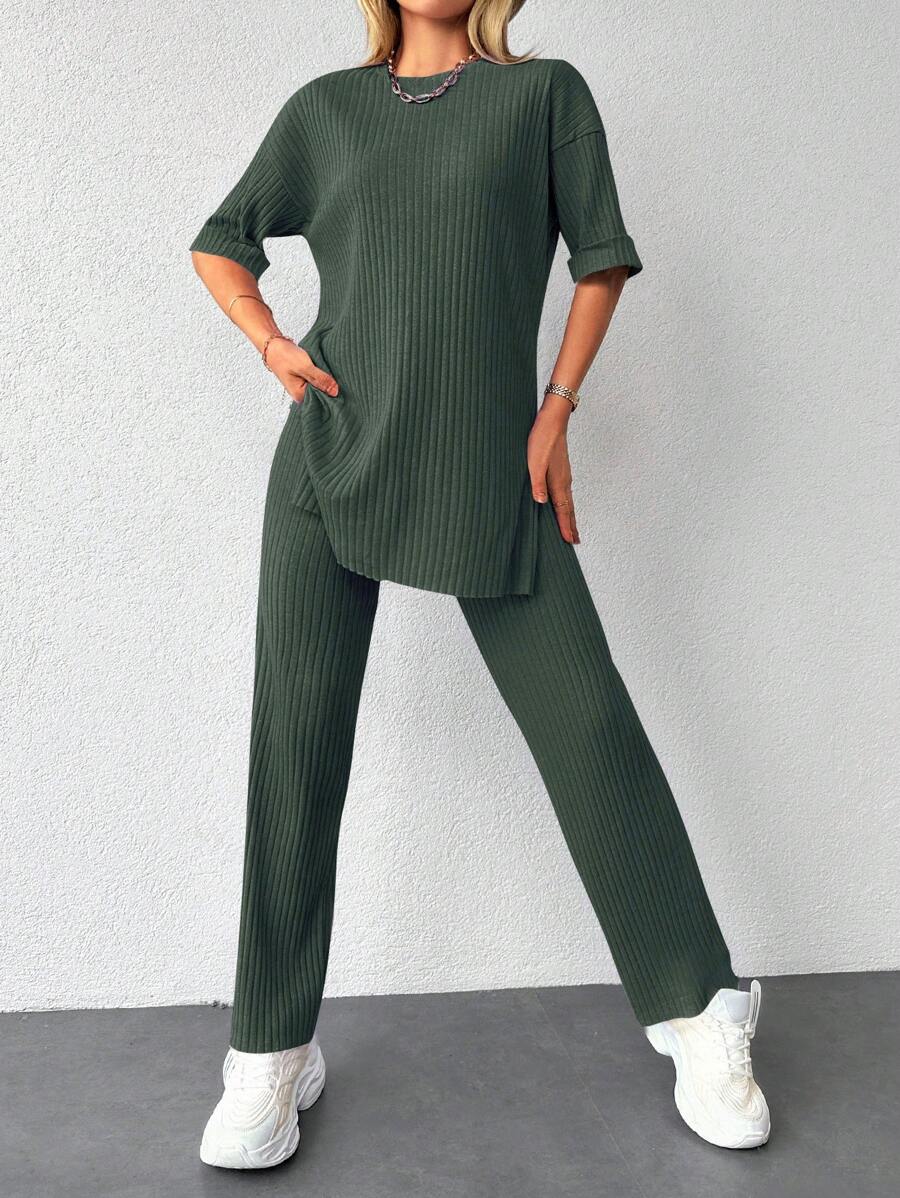 EURMUSE Drop Shoulder Split Hem Tee & Pants - Green - View 1