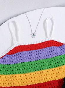 SHEIN Teen Girl's Colorblock Multi-Colored Knit Spaghetti Strap Top Sweater And Skirt Set,In Fall/Winter - Multicolor - View 5