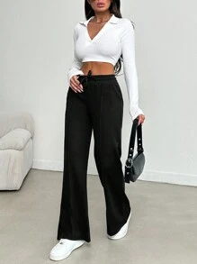 EURMUSE Women's Solid Color Drawstring Waist Long Pants - Black - View 4