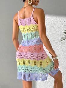 Women's Summer Bohemian Beach Vacation Dress, Colorblock Hollow-Out Knit Camisole Dress - Multicolor - View 4