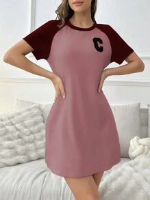 Vestido pijama de manga corta con bloqueo de color y estampado de letras, vestido de dormir de verano