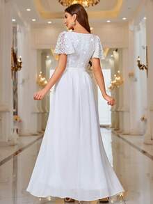 MIUSOL Kontrastierender Paillettenspitzen-Herzausschnitt-Rüschen-Ärmel-Abendkleid in Weiß, elegantes Hochzeitsbrautkleid - Weiss - Übersicht 2