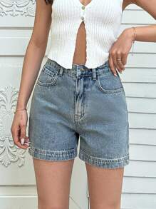 High Waist Straight Leg Denim Shorts - Medium Wash - View 5