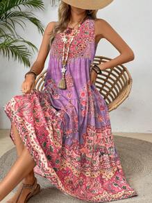 Breezaya Casual Vacation Print Ruffle Hem Sleeveless Dress Maxi Vacation Beach Outfits Women - Pink - View 3