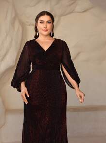 SHEIN Belle Vestido formal elegante de talla grande en color rojo vino con mangas tipo capa y corte estilo sirena, vestido de noche sencillo - Burdeos - Ver 1