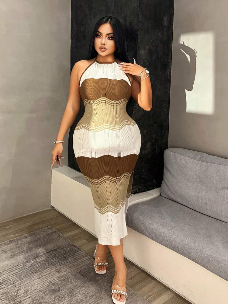 Plus Size Women's Fashionable Striped Open Shoulder Sweater Dress, 3 Colors