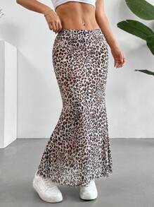 SHEIN EZwear Falda larga de mujer con dobladillo de sirena y estampado de leopardo en malla - Multicolor - Ver 4