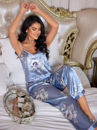 LuxeNights Conjunto de Pijama de Cetim com Estampa Floral