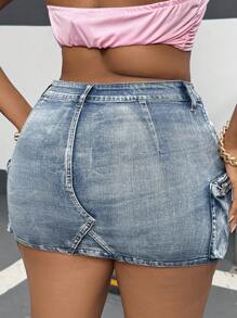 Dripcurv Plus Size Women's Denim Skirt, Sexy Stretchy Bodycon Skirt With Utility Pockets, Blue